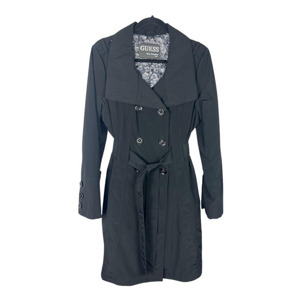 Guess Trench Coat Black Double Breasted Belted Polyester EUC S claz L